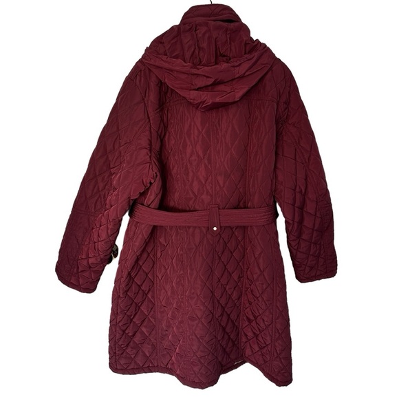 NWOT WOMENS MICHAEL KORS MAROON PUFFER COAT ZIP UP KNEE LENGTH W/ BELT & HOOD 1X - Picture 3 of 17